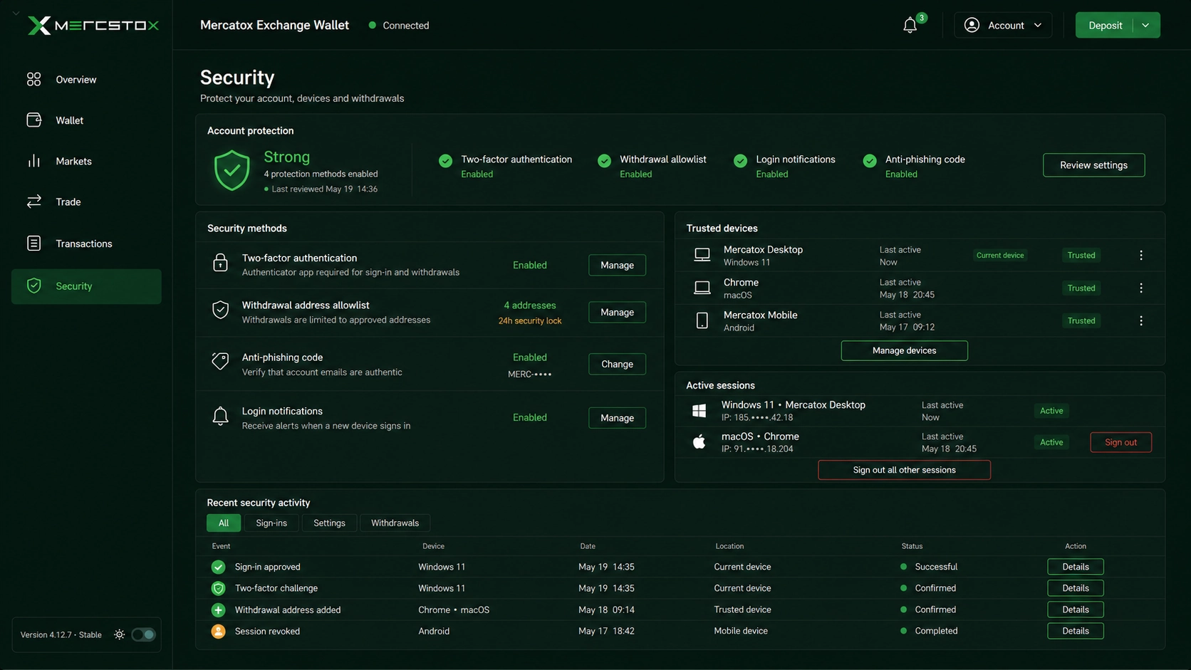 Mercatox Desktop security center with protection methods, trusted devices and recent activity