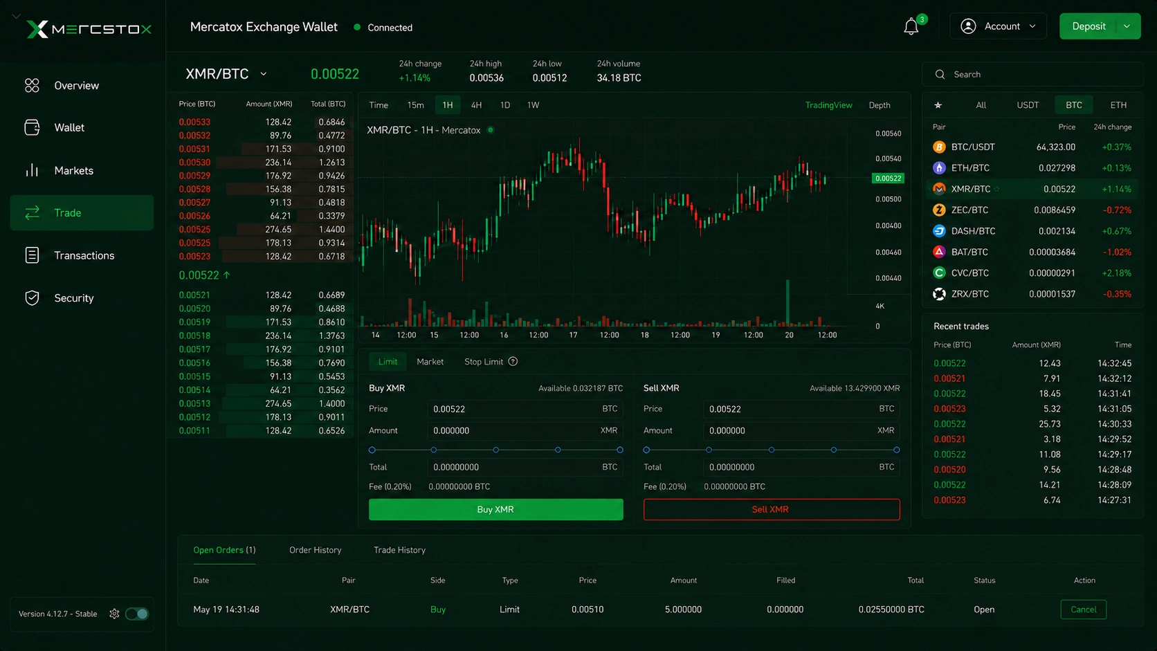 Mercatox Desktop XMR BTC trading terminal with order book, candlestick chart and order forms